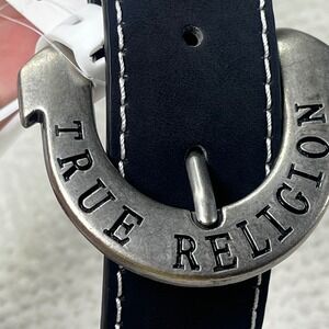 New True Religion L/XL Black Belt Horseshoe Buckle Embossed Logo Silver Hardware